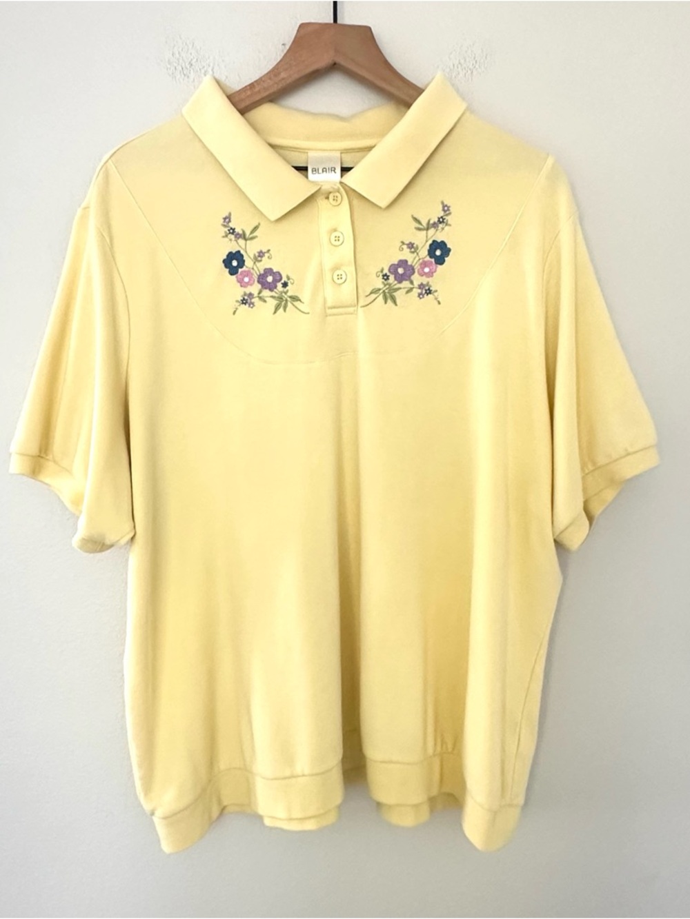 Vintage Blair Floral Embroidered Polo Shirt Sz 3XL Yellow Granny Cottagecore 90s